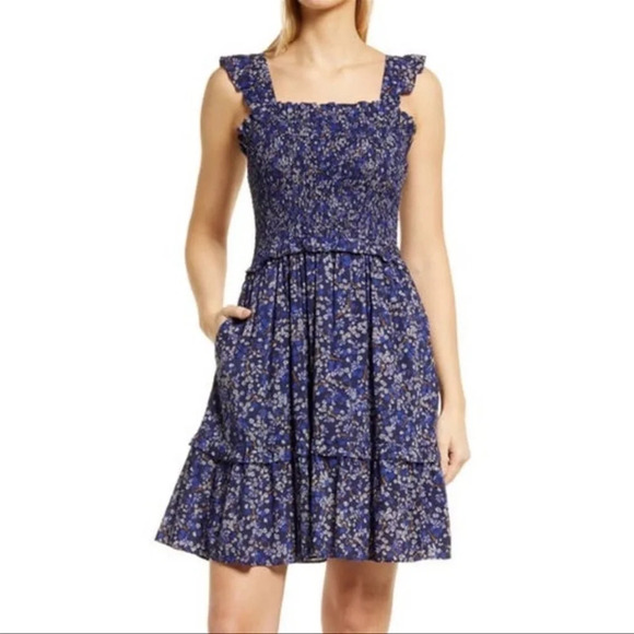 Draper James Dresses & Skirts - Draper James blue smocked  bust, ditzy, floral tiered peasant summer dress XL